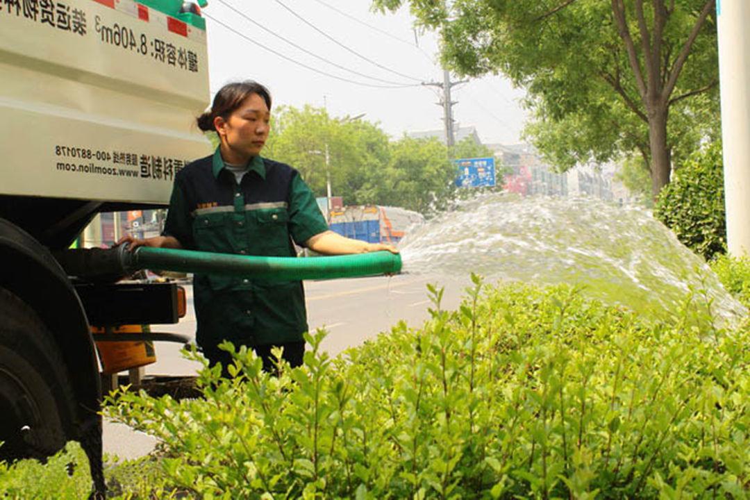 绿化公司工人对植物进行浇灌